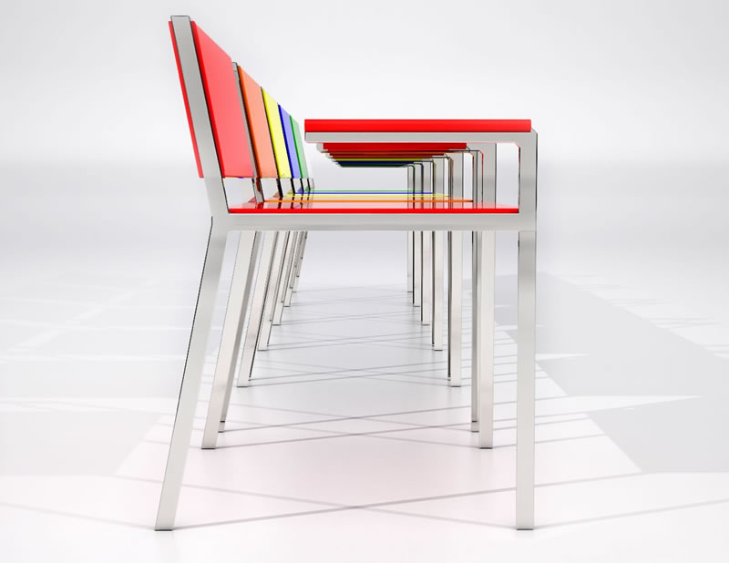 Rendering of brightly colored chairs with built in laptop desks